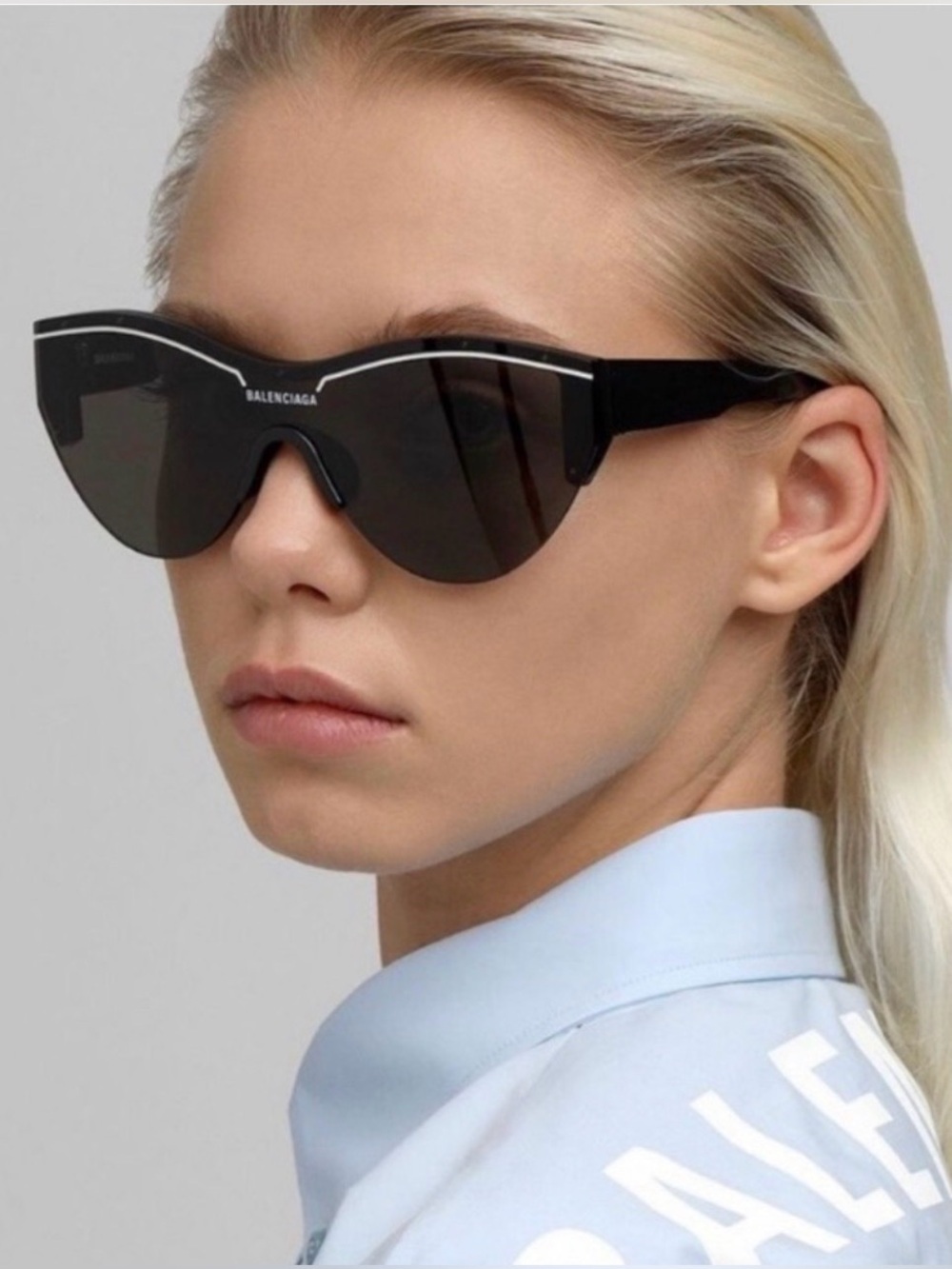 BALENCIAGA BB0004SA Shield Shape Grey Lens Frame White Imprint Sunglasses NWB